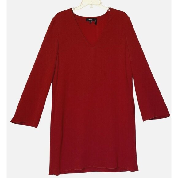 New Theory Ulyssa Admiral Brick Red V-Neck Bell Sleeve Dress - Made in USA - Picture 2 of 10
